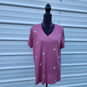 Reflex Women's Butterfly Embroidered Pink White T-Shirt V-Neck Lighweight 1XL